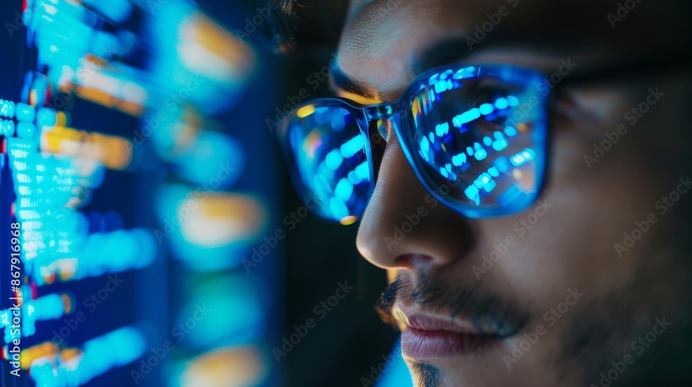 A dedicated programmer with glasses focuses on coding and cybersecurity, studying digital technology reflected in their spectacles while developing software. Close-up on eyes. A dedicated programmer with glasses focuses on coding and cybersecurity, studying digital technology reflected in their spectacles while developing software. Close-up on eyes.