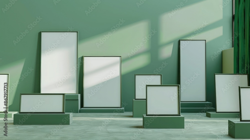 A minimalist art gallery scene with multiple blank mockup posters in forest green frames, set against a calming seafoam green wall without any human presence A minimalist art gallery scene with multiple blank mockup posters in forest green frames, set against a calming seafoam green wall without any human presence