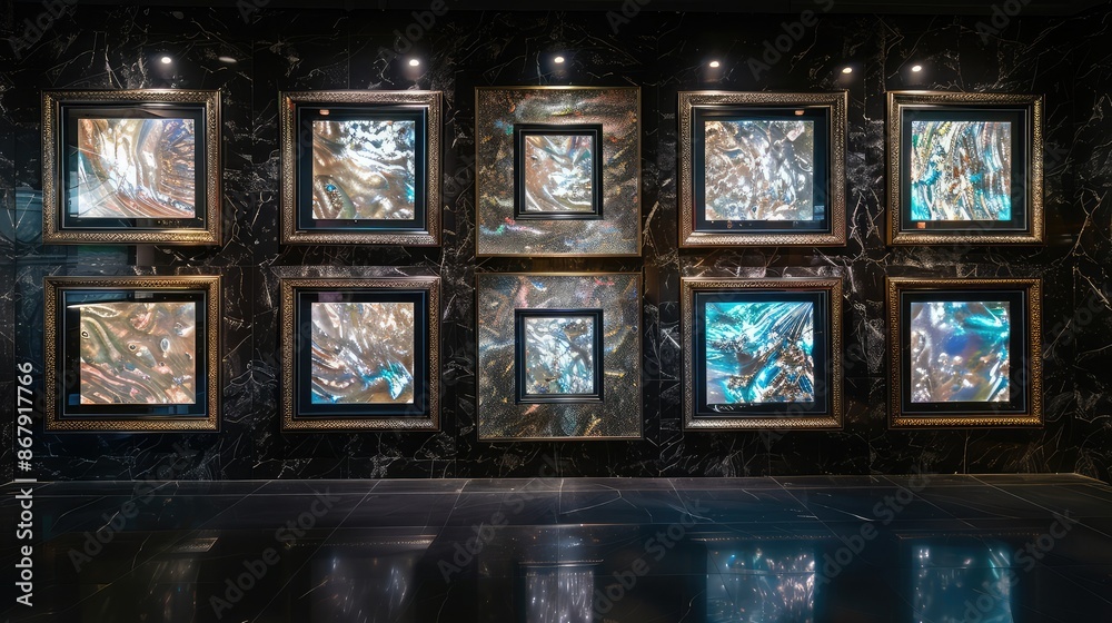 A mystical gallery space with frames adorned with iridescent mother-of-pearl inlays on a wall of smooth black marble, each frame underlit by gentle white LEDs for an ethereal effect A mystical gallery space with frames adorned with iridescent mother-of-pearl inlays on a wall of smooth black marble, each frame underlit by gentle white LEDs for an ethereal effect