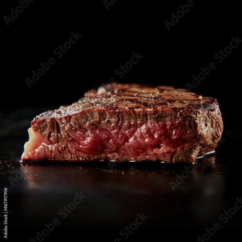 beautiful steak, rich in natural color and texture isolated against a deep black backdrop
