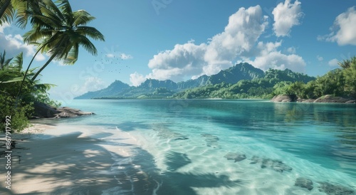 Tropical Beach Scene With Clear Water and Palm Trees