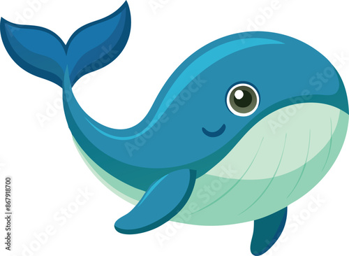 Cute blue whale cartoon illustration with smiling face on white background