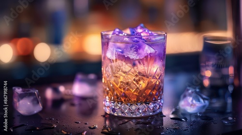 close up glass with pretty colored drink served with ice on a blurred bar background