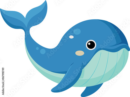 Cute blue cartoon whale illustration on white background