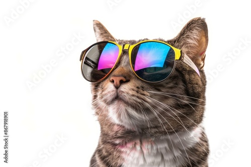  Cat wearing colorful sunglasses with cool attitude against white background