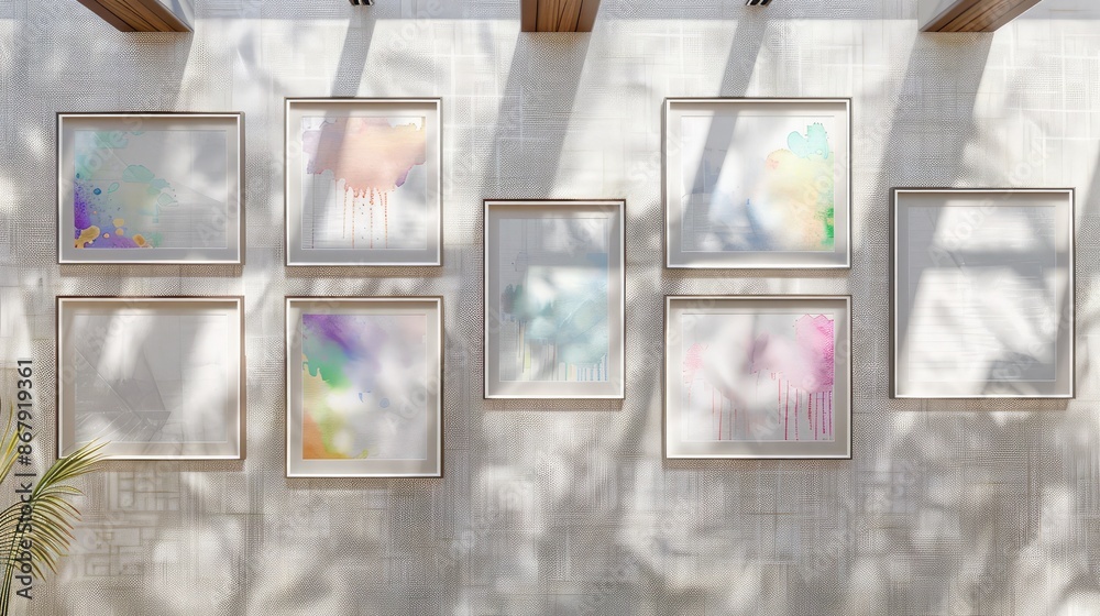 Fototapeta premium An artistic setting with frames designed with a watercolor splash pattern on a textured linen wall, illuminated by natural sunlight filtering through skylights
