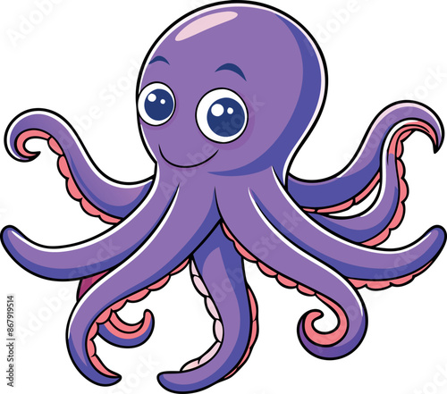Cute smiling cartoon octopus with big eyes and purple body