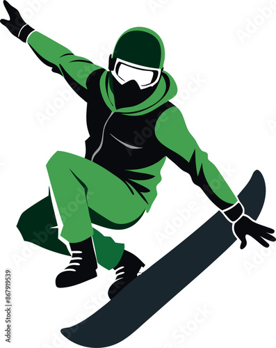 Snowboarder performing a jump in green gear on a white background
