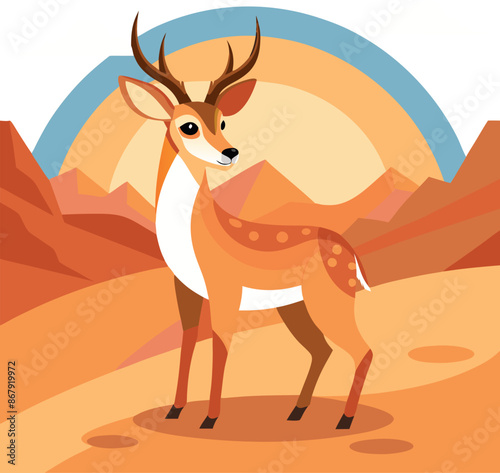 Illustration of a deer standing in a vibrant desert landscape with mountains and sun