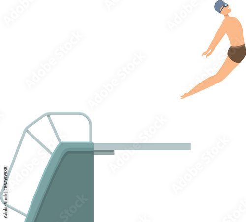 Professional swimmer is jumping from a springboard in a swimming pool
