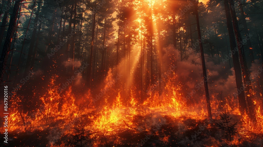 Forest fire with intense flames and sun rays through trees, environmental disaster concept Forest fire with intense flames and sun rays through trees, environmental disaster concept