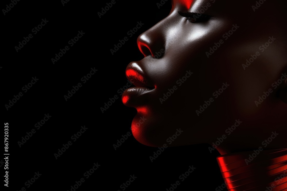 Obraz premium Closeup of beautiful african american woman lips on dark background. Classic face makeup with red lipstick. Fashion and cosmetic concept. Sensual and beauty. Mouth is open