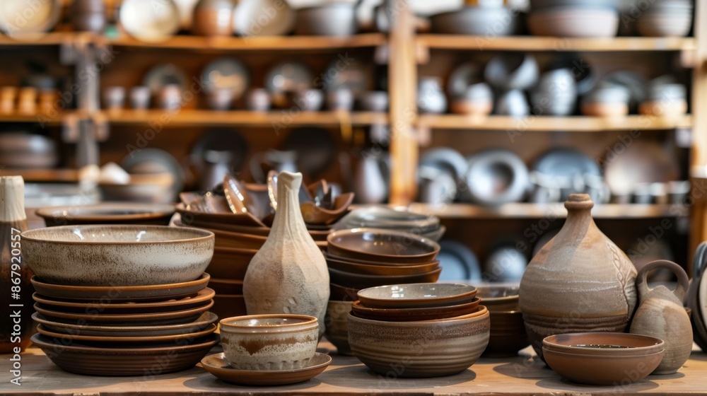 A variety of ceramic pottery items are displayed on wooden shelves in a pottery shop, including bowls, plates, and vases. Generative AI A variety of ceramic pottery items are displayed on wooden shelves in a pottery shop, including bowls, plates, and vases. Generative AI