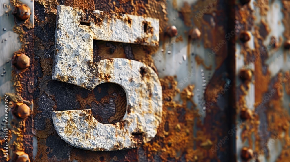Number 5 cut from white paper on rusty steel background with decorative letters Number 5 cut from white paper on rusty steel background with decorative letters