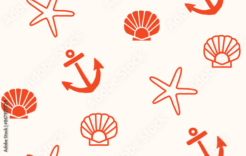 Seamless vector pattern featuring hand-drawn seashells, starfish, and anchors. Perfect for, fabrics, wallpapers, wrapping papers, and textiles. This nautical design adds a playful marine touch. photo