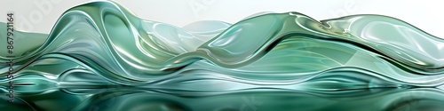 3d render abstract background in nature landscape. Transparent glossy glass ribbon on water. Green curved wave in motion. Iridescent design element for banner background, wallpaper