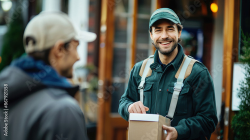 A friendly delivery man in a uniform hands a package to a pleased customer in front of a charming shop, capturing a moment of cheerful customer service. © NILSEN Studio
