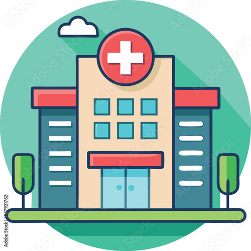 Colorful flat design illustration of a hospital building with a red cross symbol