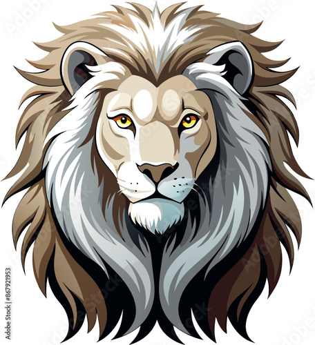 Illustration of a majestic lion head with a detailed mane on a white background