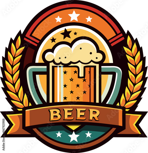 Colorful beer logo with decorative stars and wheat branches on a circular background