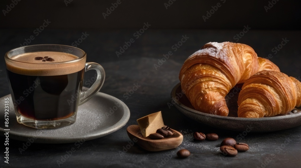 coffee and croissants on a dark background coffee and croissants on a dark background