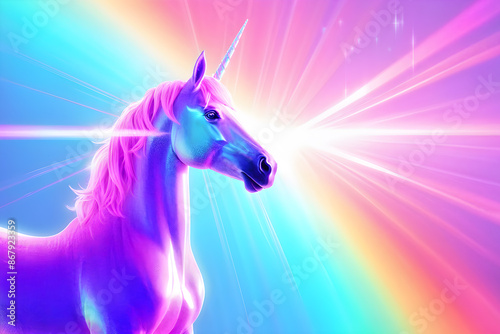Holographic unicorn with rainbow aura on abstract backdrop photo