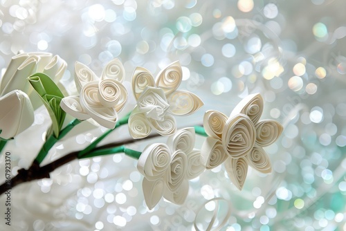 A paper quilled jasmine flower, its delicate white blossoms arranged against a backdrop that sparkles like glass, accentuating its sweet fragrance and simple beauty. photo