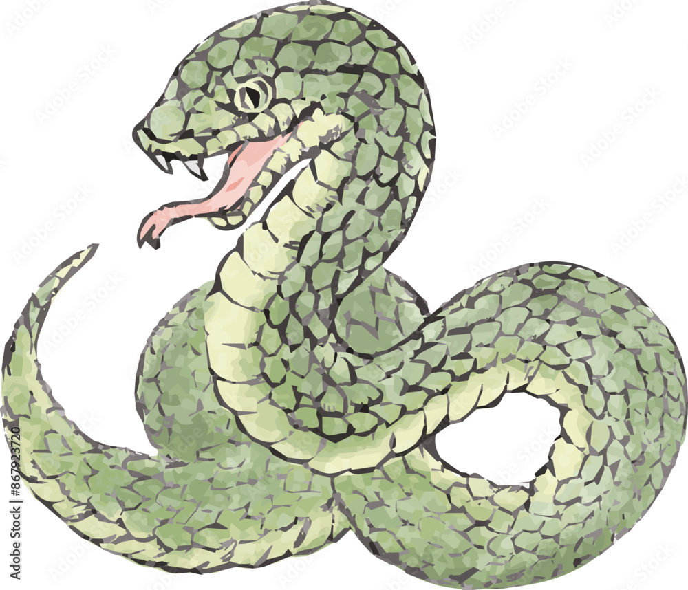 Fototapeta premium 年賀状 年賀2025 巳年 巳 蛇 墨絵 水墨画 版画 水彩 手描き イラスト素材