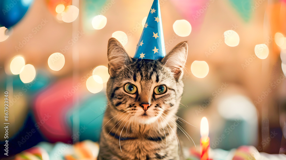 Adorable tabby kitten wearing a party hat and surrounded by festive holiday decor and colorful bokeh lights celebrating a special occasion or birthday in a cozy indoor setting Adorable tabby kitten wearing a party hat and surrounded by festive holiday decor and colorful bokeh lights celebrating a special occasion or birthday in a cozy indoor setting
