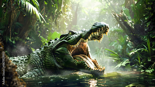Aggressive crocodile with open jaws and sharp teeth attacking and fighting in a dense lush tropical jungle or forest landscape  Powerful