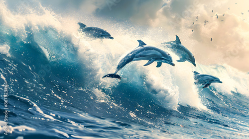 Breathtaking image of a pod of dolphins leaping and breaching through crashing ocean waves during a vibrant sunset  The powerful graceful dolphins seem to defy gravity as they soar through the air