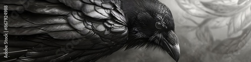 Creepy black crow or raven on dark background. Mysterious magic bird. Horror and Halloween concept. Gothic background for banner, poster, card with copy space