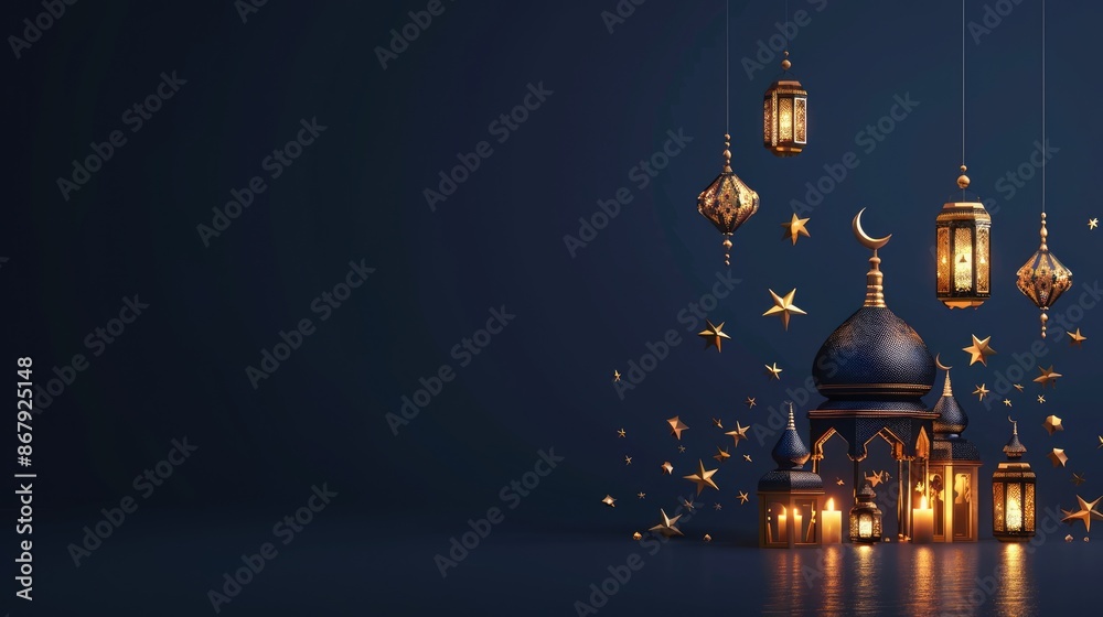 Ramadan Kareem or Eid Mubarak Background. Islamic mosque, hanging lanterns, and stars on dark blue background. Concept of Islamic celebration, holy month, and religious tradition. Ramadan Kareem or Eid Mubarak Background. Islamic mosque, hanging lanterns, and stars on dark blue background. Concept of Islamic celebration, holy month, and religious tradition.