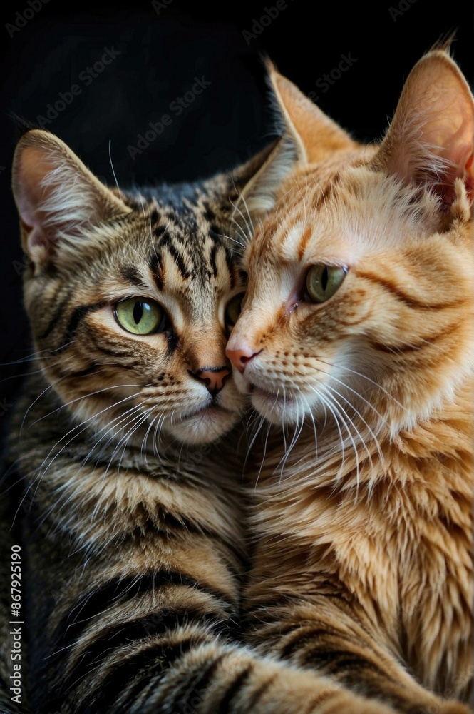 Two cats are sitting close to each other. AI.