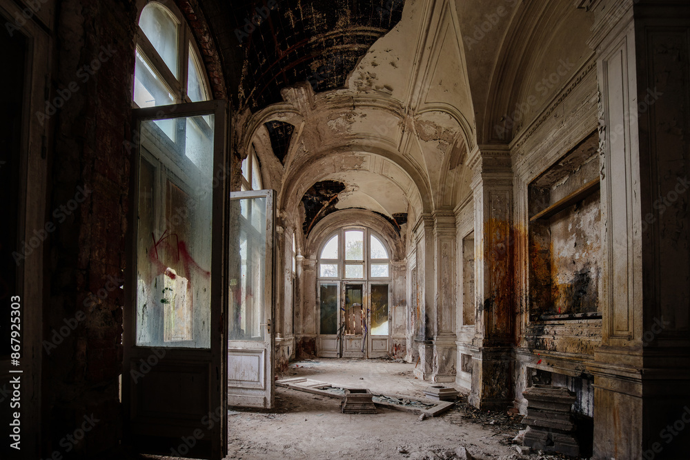 Old ruined abandoned Palace of the Grand Prince Mikhail Nikolaevich Romanov. Manor Mikhailovka in Peterhof