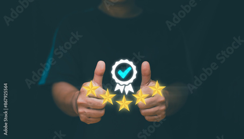 Customer Experience Concept, ISO certification and standardization, Hands shows thumb up the sign of top product and service quality assurance 5 star, Best excellent services rating for satisfaction.