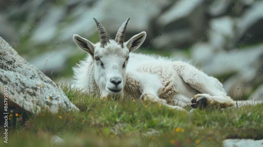 A mountain goat is lying on the grass. AI. A mountain goat is lying on the grass. AI.