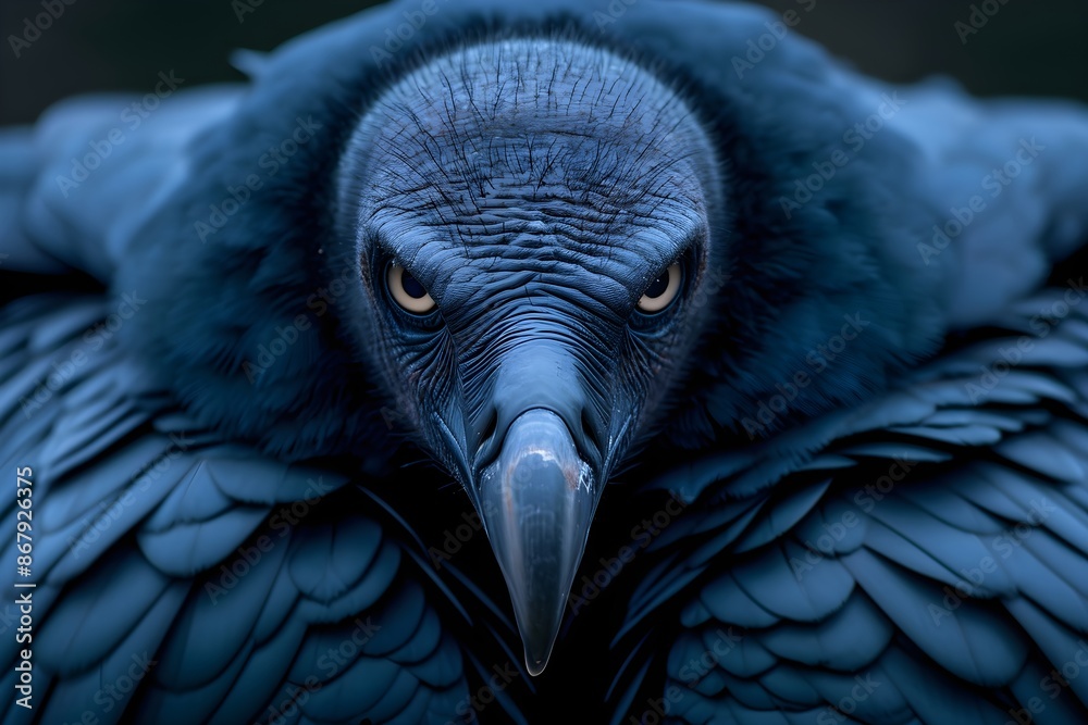 Fototapeta premium Beautiful closeup portrait of big american black vulture. Wild bird of prey. Wildlife, bird watching and ornithology. International Bird Day. Ecology, environment, animal protection concept