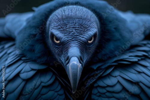 Beautiful closeup portrait of big american black vulture. Wild bird of prey. Wildlife, bird watching and ornithology. International Bird Day. Ecology, environment, animal protection concept