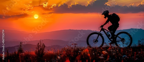 silhouette of a adventure biking wallpaper against a scenic landscape of the sunrise