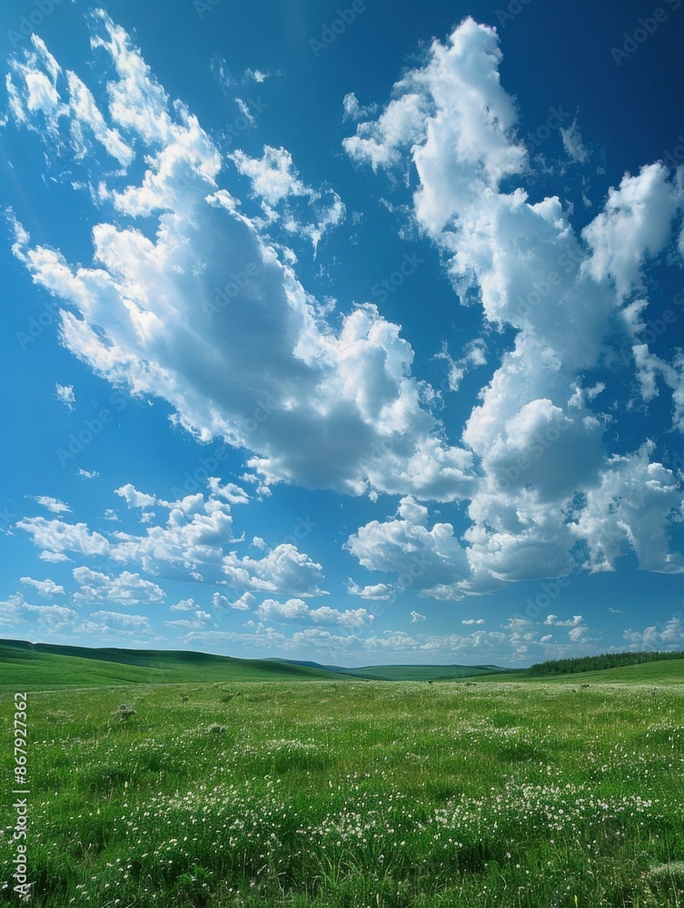 A beautiful landscape of a green field with white flowers under a blue sky with white clouds. AI. A beautiful landscape of a green field with white flowers under a blue sky with white clouds. AI.