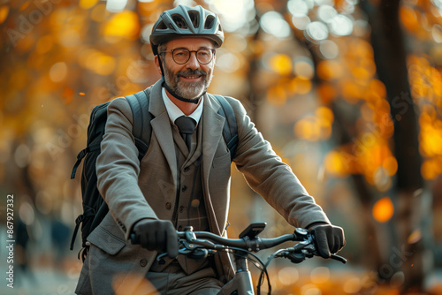 Cycle to Work Day. Smiling businessman going to work on bike. businessman going to work by bike. Man in suit riding bicycle on sidewalk in morning