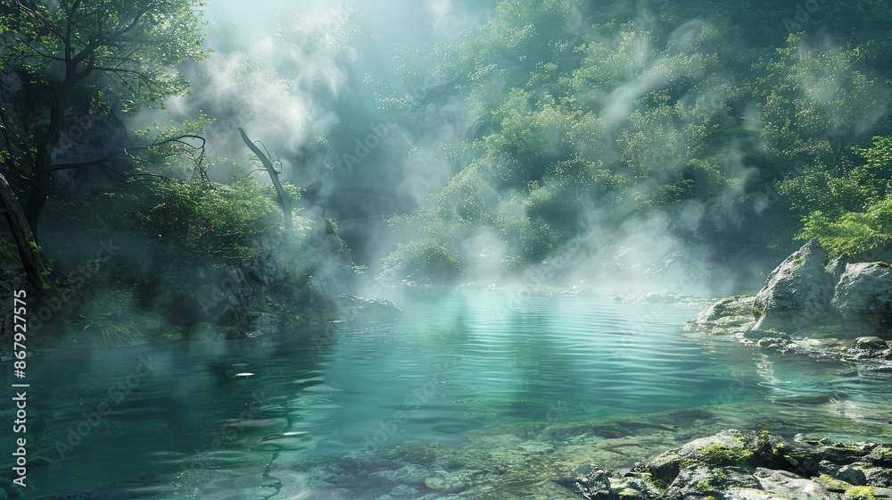 A peaceful scene of a hot spring river, surrounded by lush green trees and steam rising from the water. Generative AI A peaceful scene of a hot spring river, surrounded by lush green trees and steam rising from the water. Generative AI