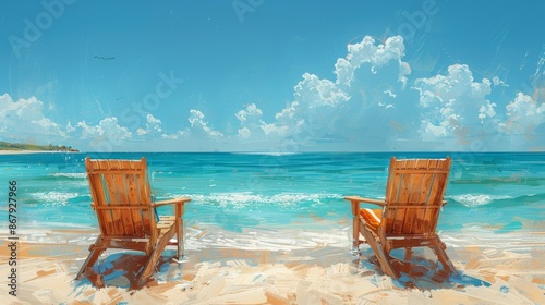 Two wooden chairs facing the ocean on a sandy beach under a blue sky with scattered clouds © iVGraphic