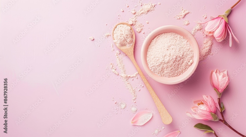 Pink background with collagen powder a protein boost for beauty and health for skin bones joints and gut Made from plants or fish Flat lay with space for text