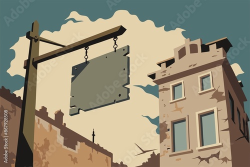 Faded street sign hangs crookedly from crumbling building facade, city, old, street, sign photo