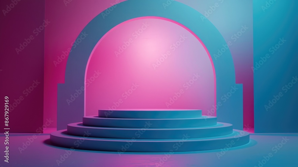 Modern pink arch with a circular podium in a sleek contemporary setting