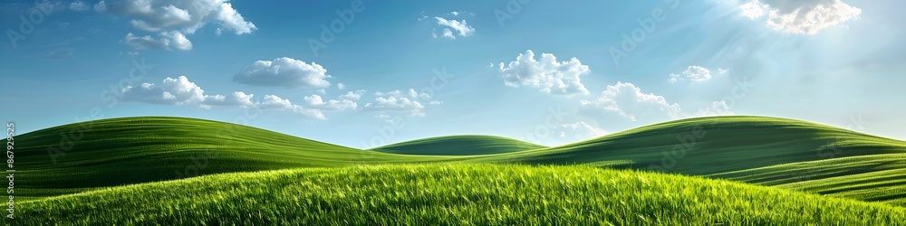 Obraz premium Green grass field on small hills and blue sky with clouds. Summer spring landscape background
