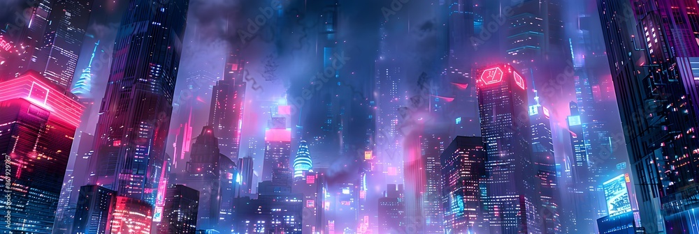 Beautiful neon night in a cyberpunk city. Illustration of the futuristic city skyscraper