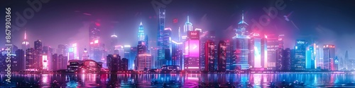 Beautiful neon night in a cyberpunk city. Illustration of the futuristic city skyscraper